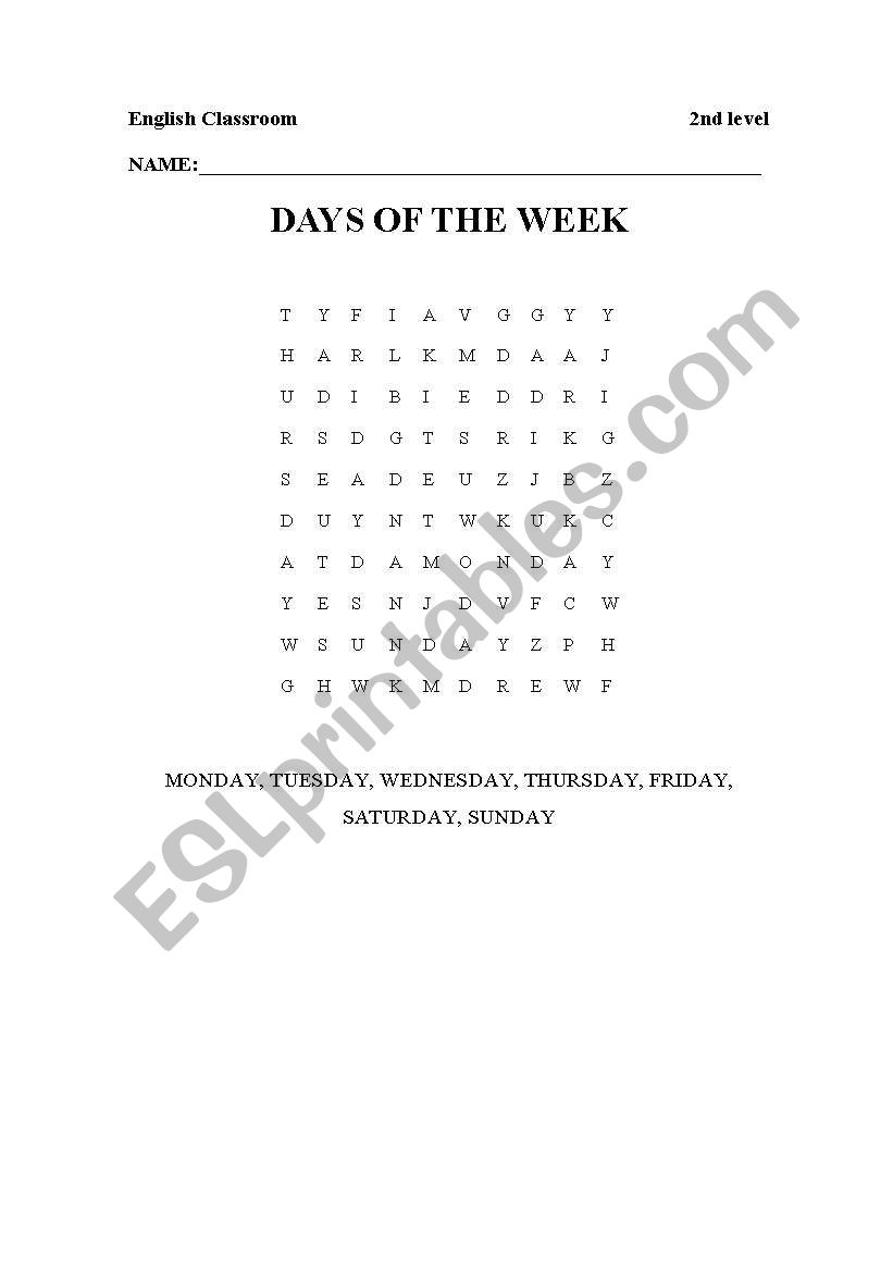 Days of the week worksheet