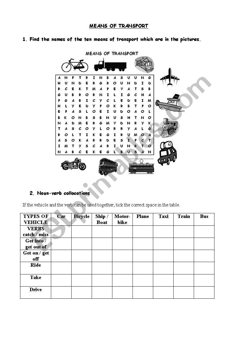 MEANS OF TRANSPORT worksheet