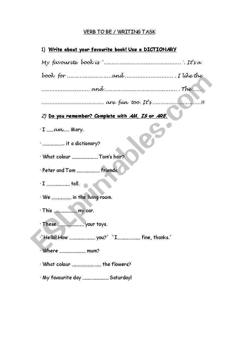 WRITING TASK + VERB TO BE worksheet