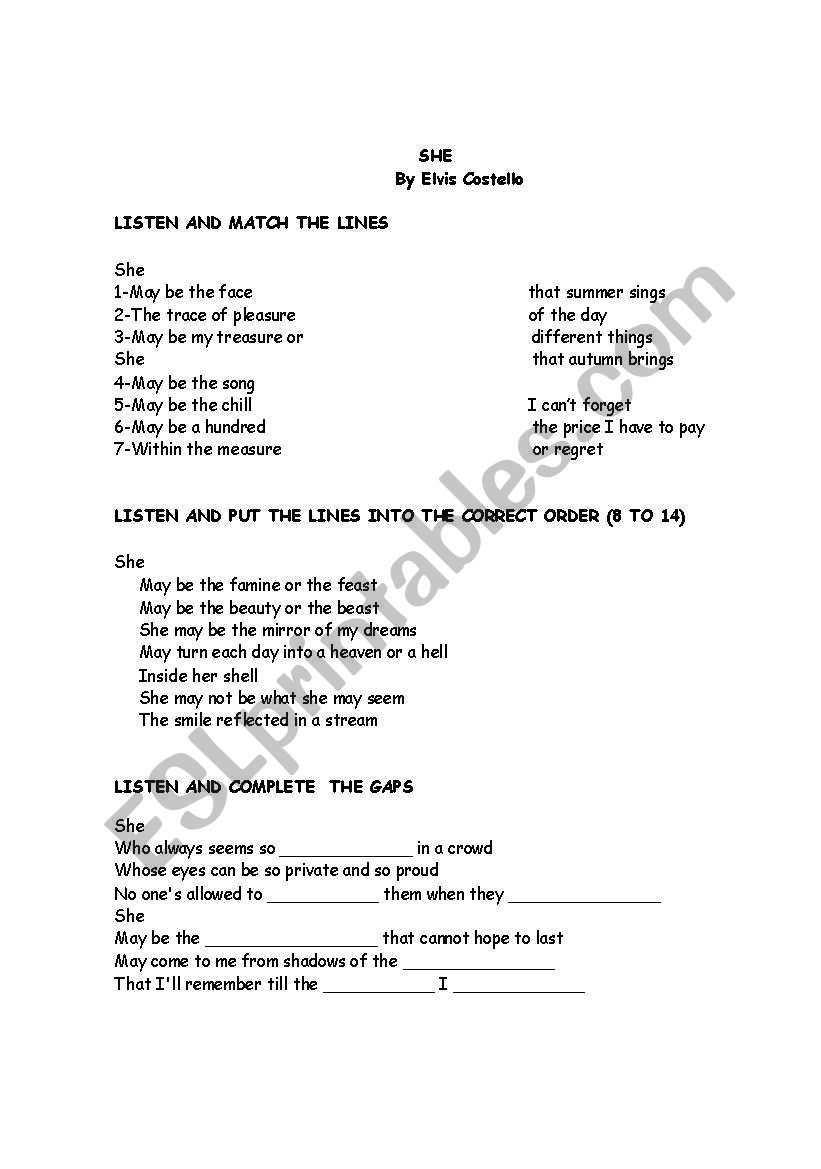 She by Elvis Costelo worksheet