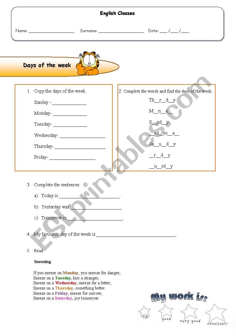 Days of the week worksheet