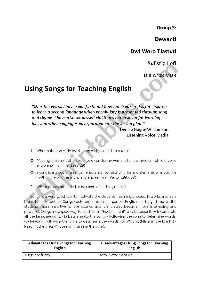 using song to teach english worksheet