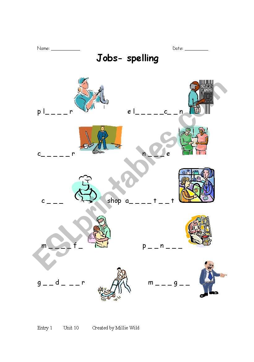 jobs spellings worksheet