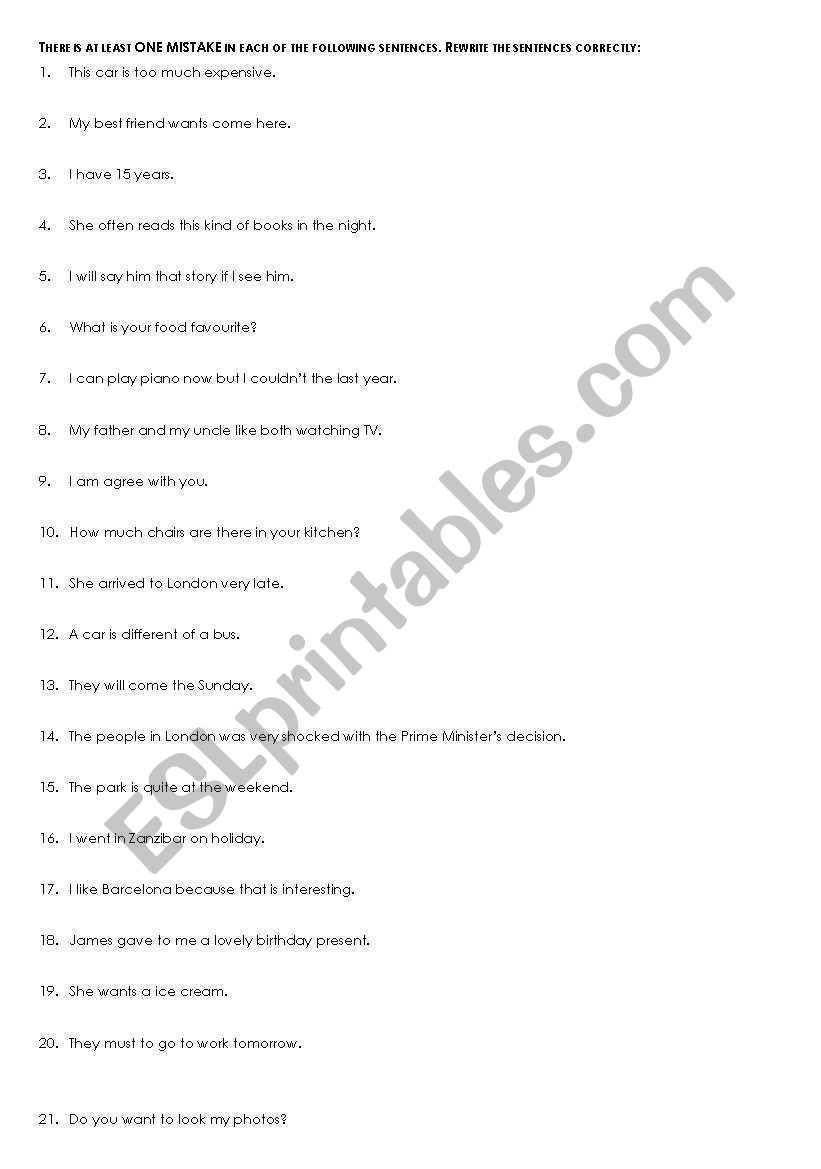 Correct the mistakes worksheet