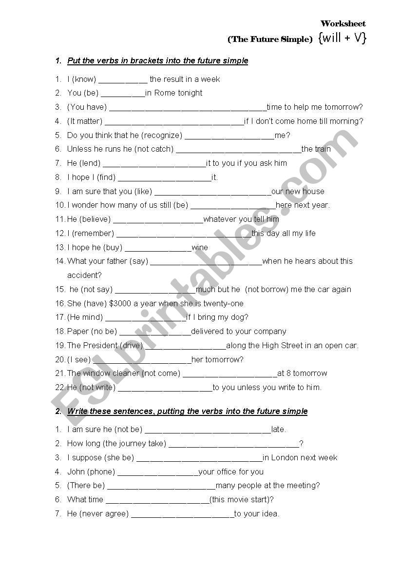 Future Simple Worksheet worksheet