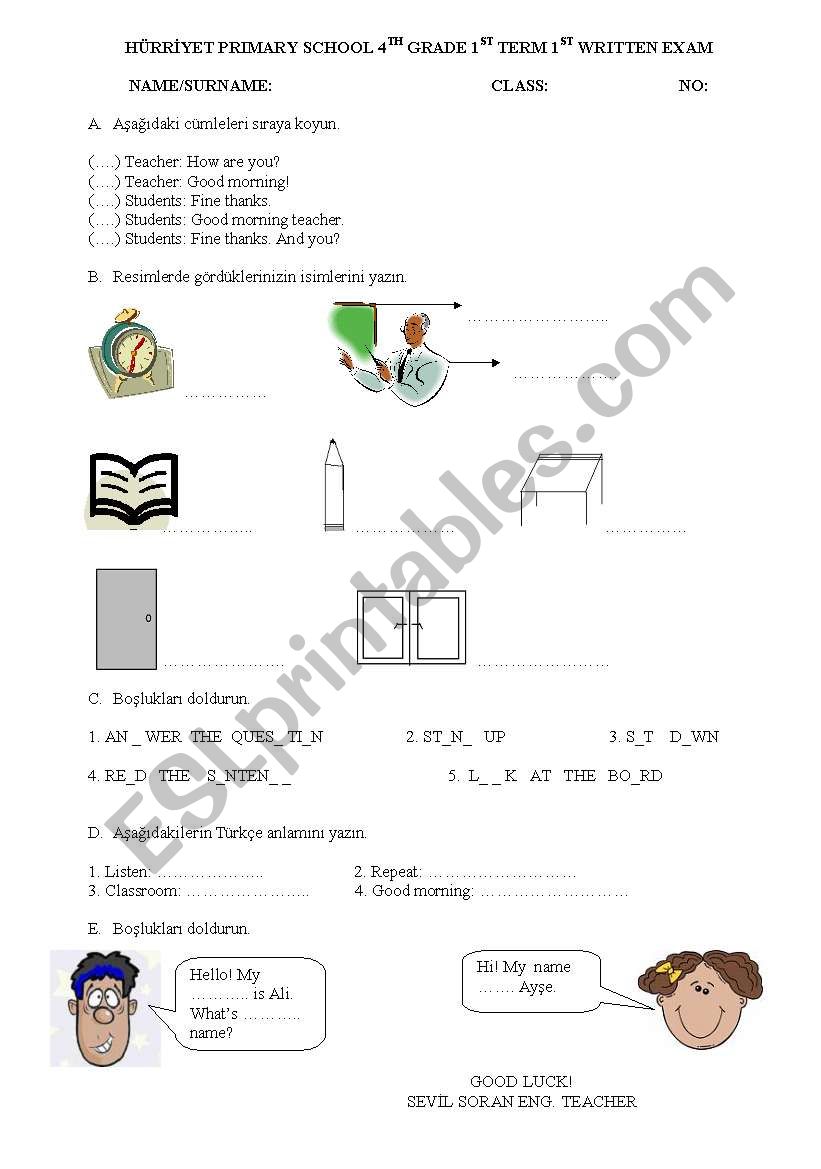 4th garde 1st exam worksheet