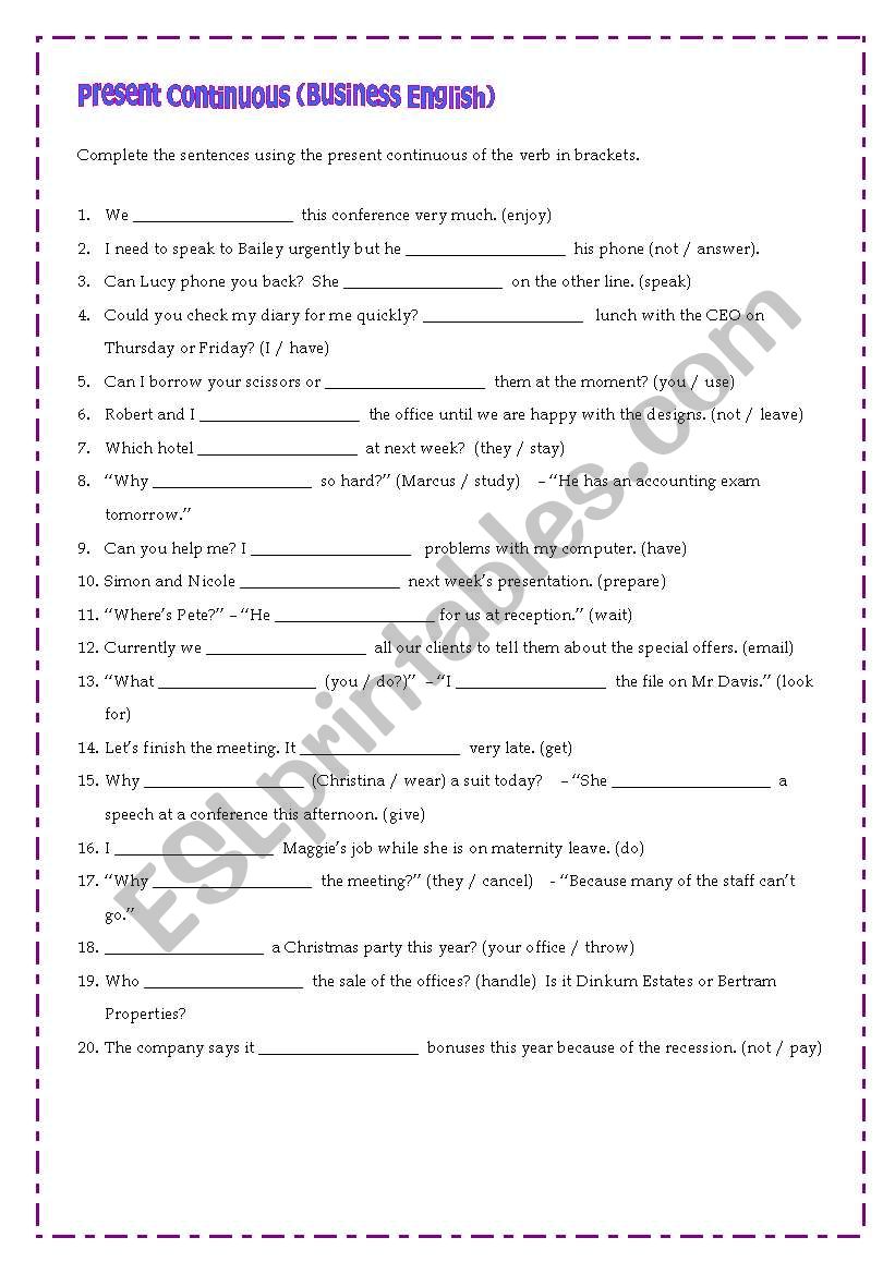 Present Continuous (Business English) - Worksheet for Adult Learners (Frill-free*)