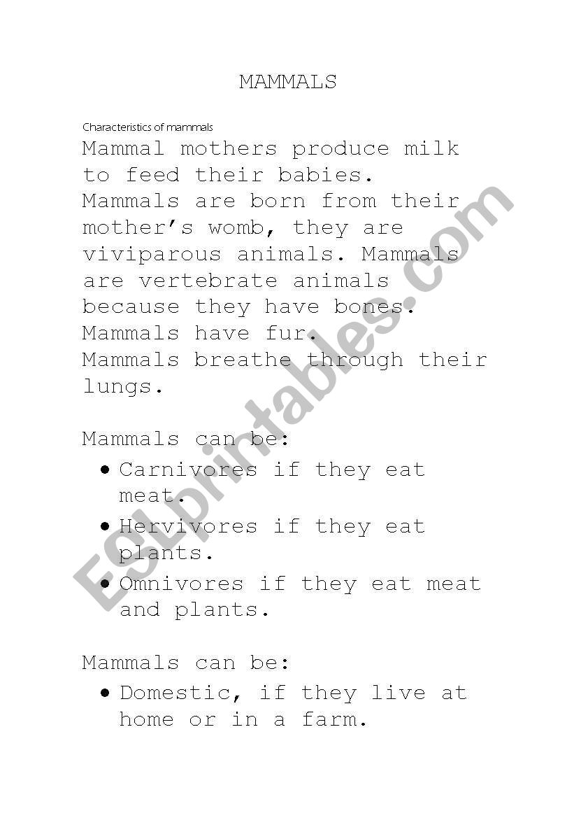 Mammals characteristics worksheet