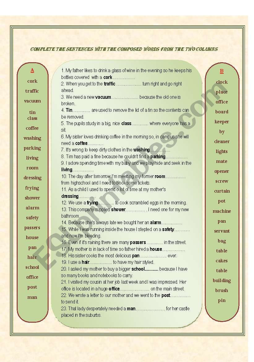 fill in-composed words worksheet