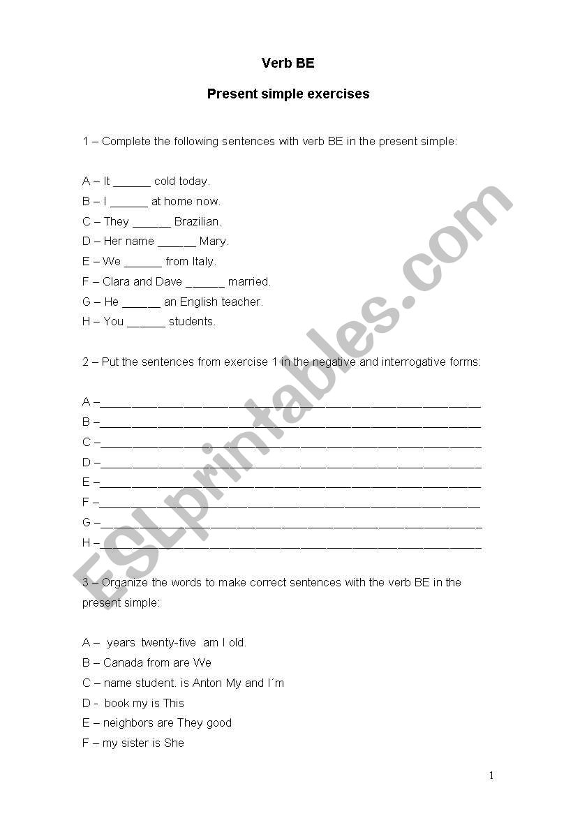 Present Simple Verb BE worksheet