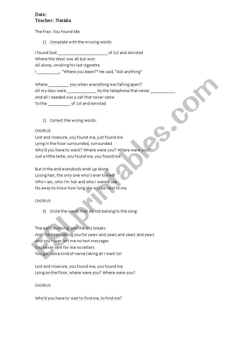 The Fray - You found me worksheet