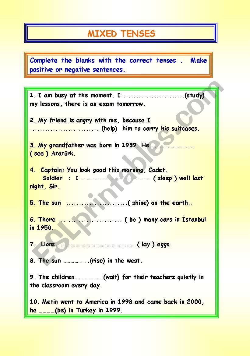 Mixed Tenses with Positive and Negative Statements ( Answers are Included )