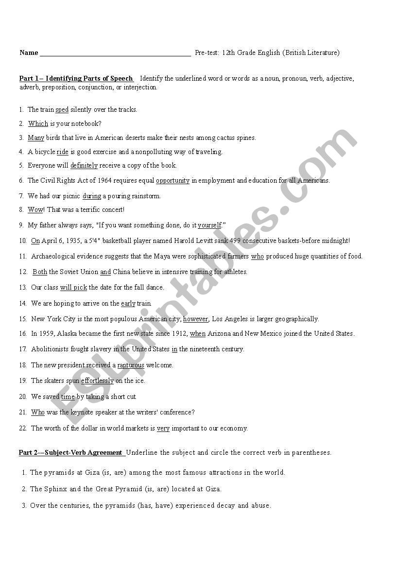 12th grade grammar pre-test worksheet