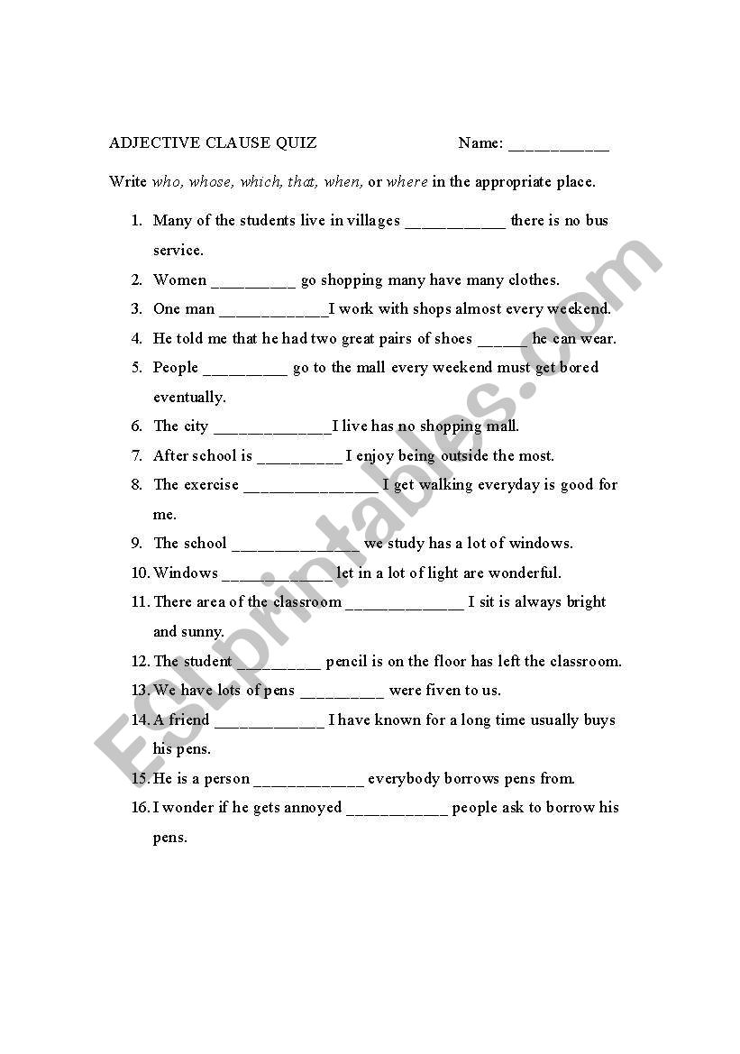adjective clause quiz worksheet