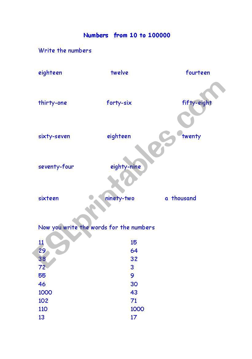 numbers worksheet