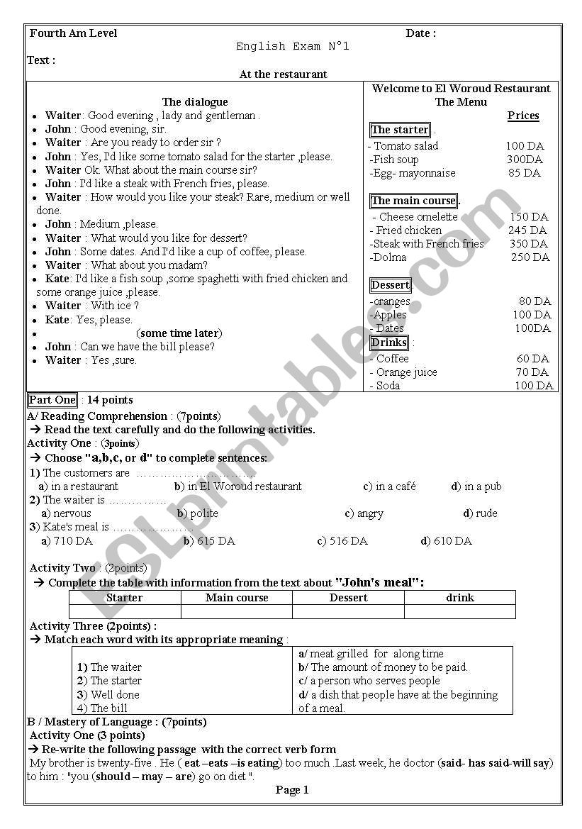 food worksheet