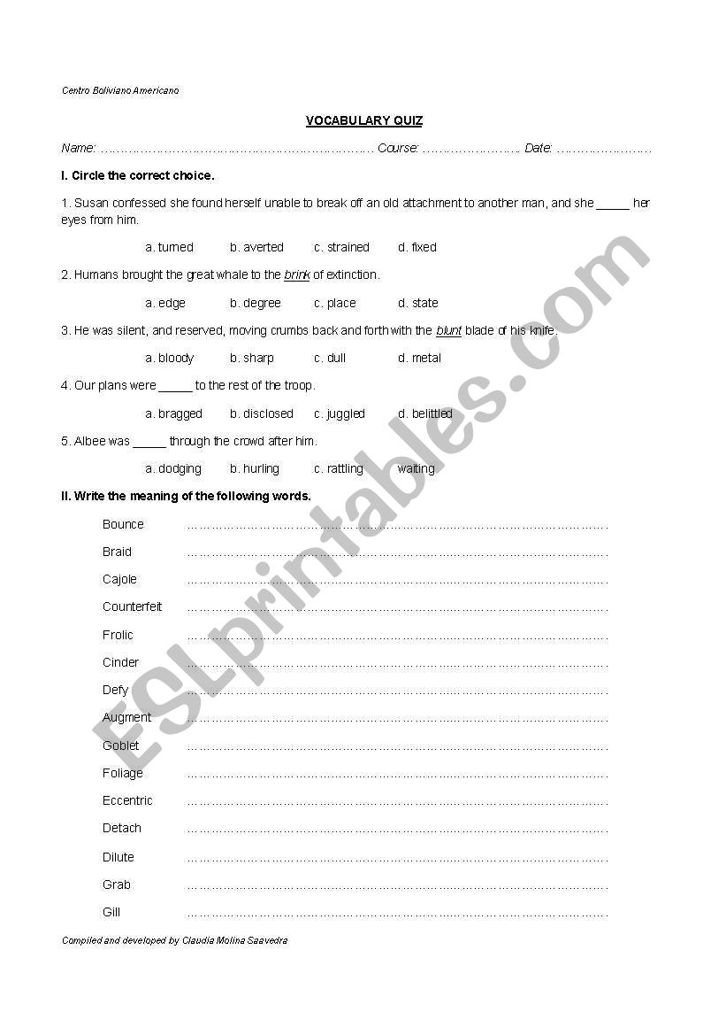 Vocabulary quiz worksheet