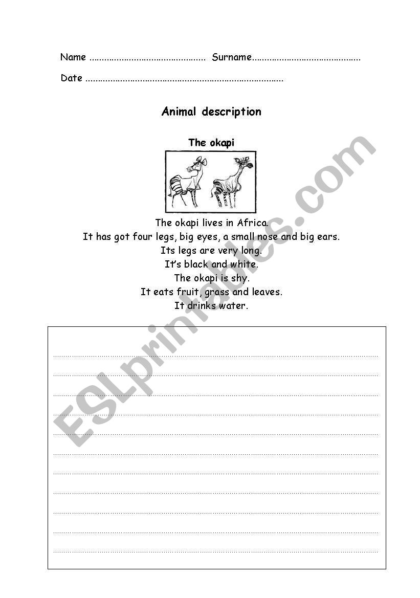 Animals description worksheet