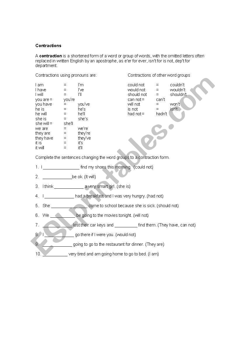 Contractions worksheet