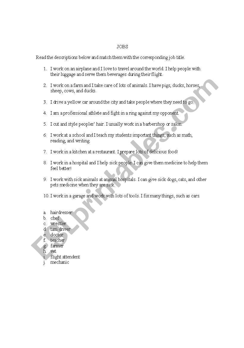 Job Descriptions worksheet