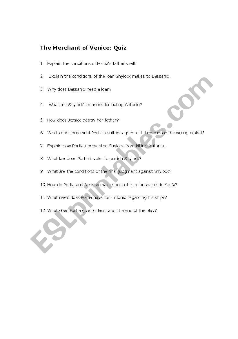 THE MERCHANT OF VENICE worksheet