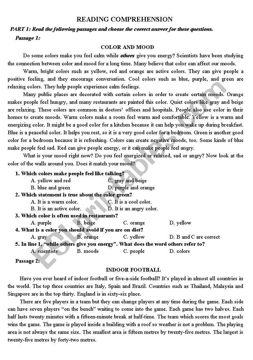 reading comprehension worksheet