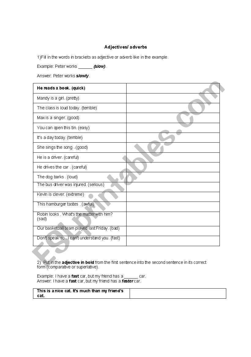 Adjectives/ adverbs worksheet