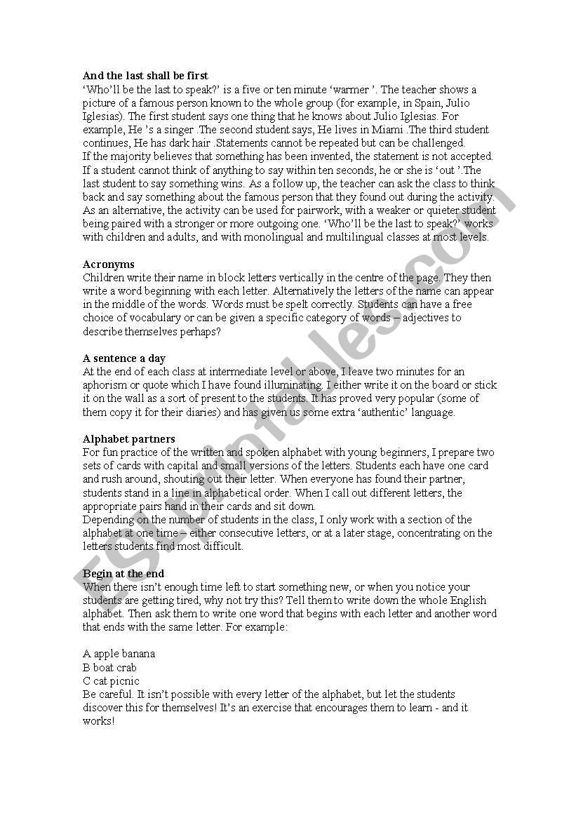 CONVERSATION IDEAS worksheet