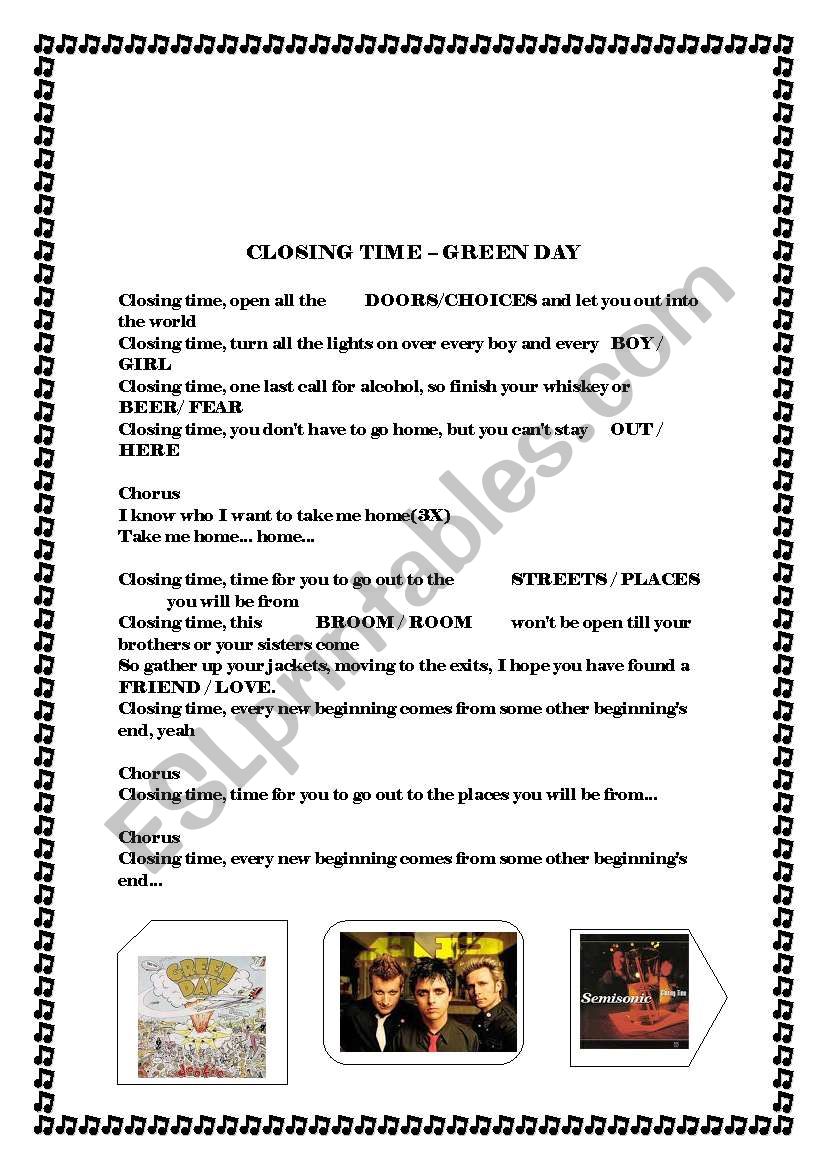 closing time - green day worksheet