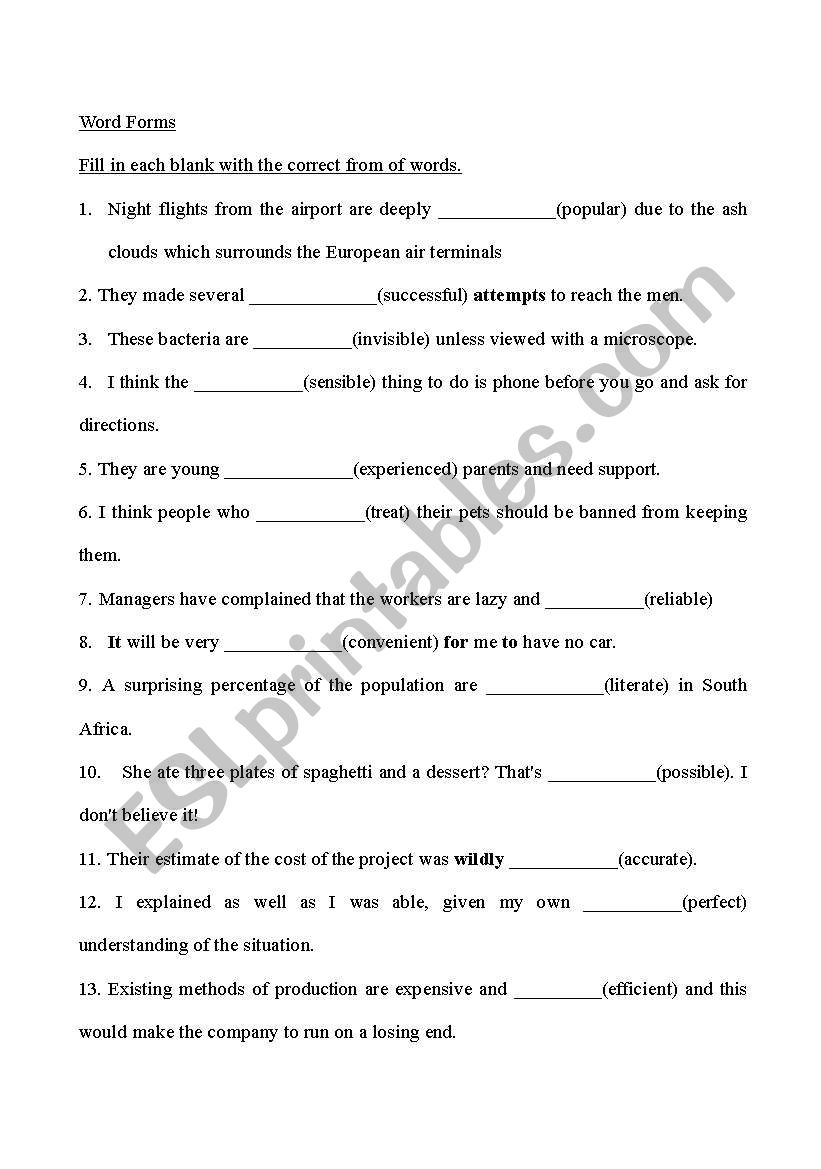 Word Form worksheet