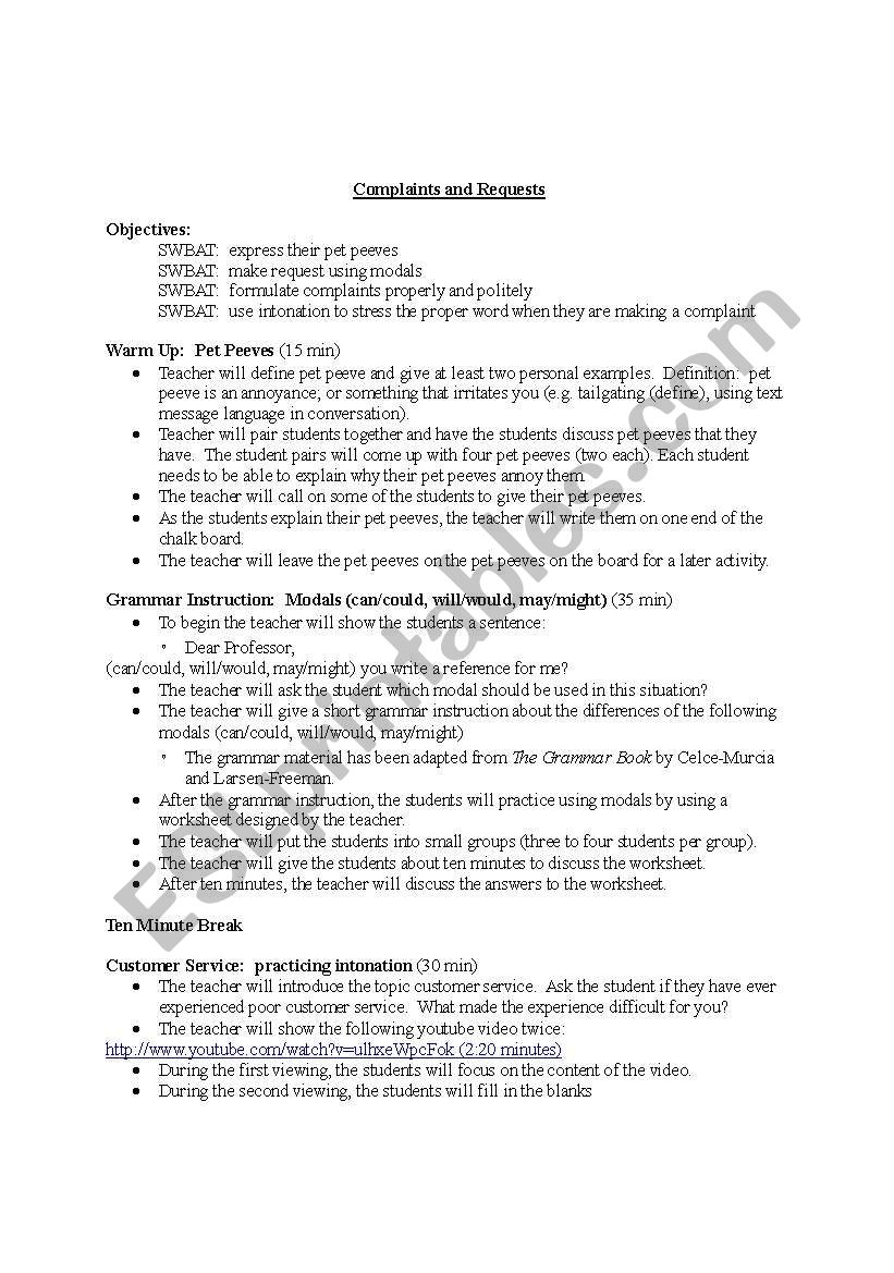 Complaints and Requests worksheet
