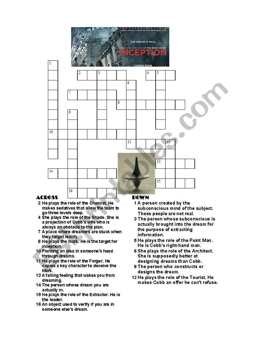 Inception Crossword worksheet