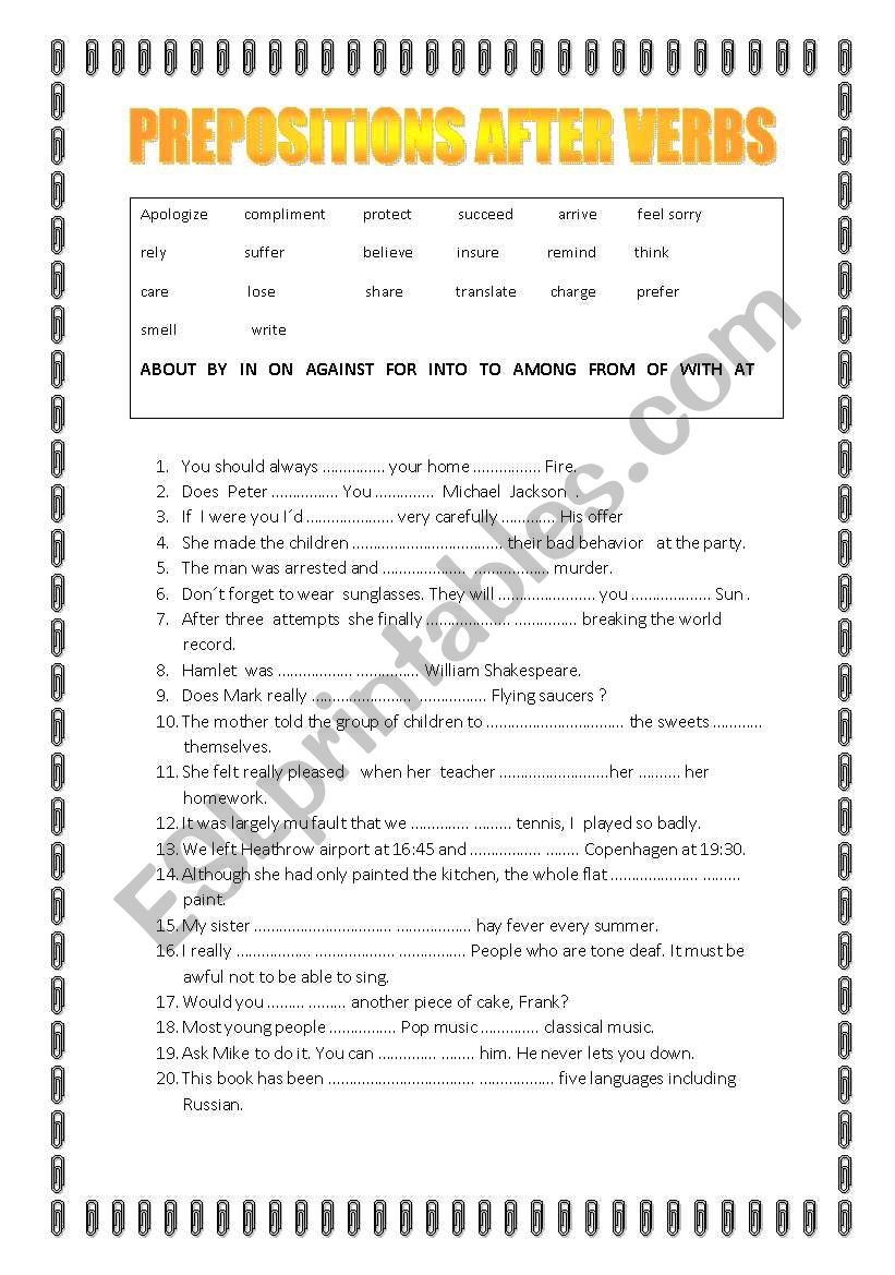 PREPOSITIONS AFTER VERBS worksheet