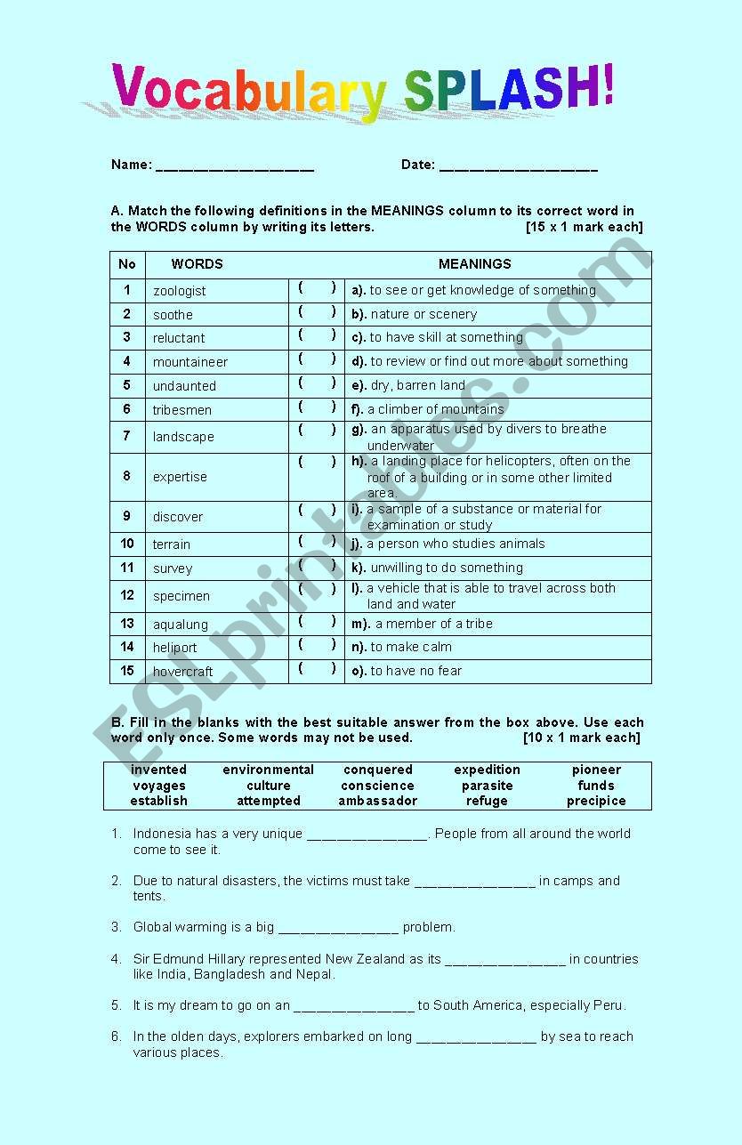 Vocabulary Splash  worksheet