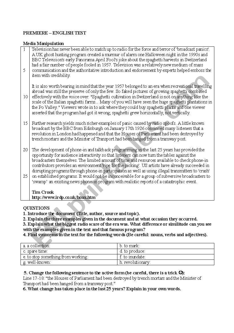 Media Manipulation worksheet