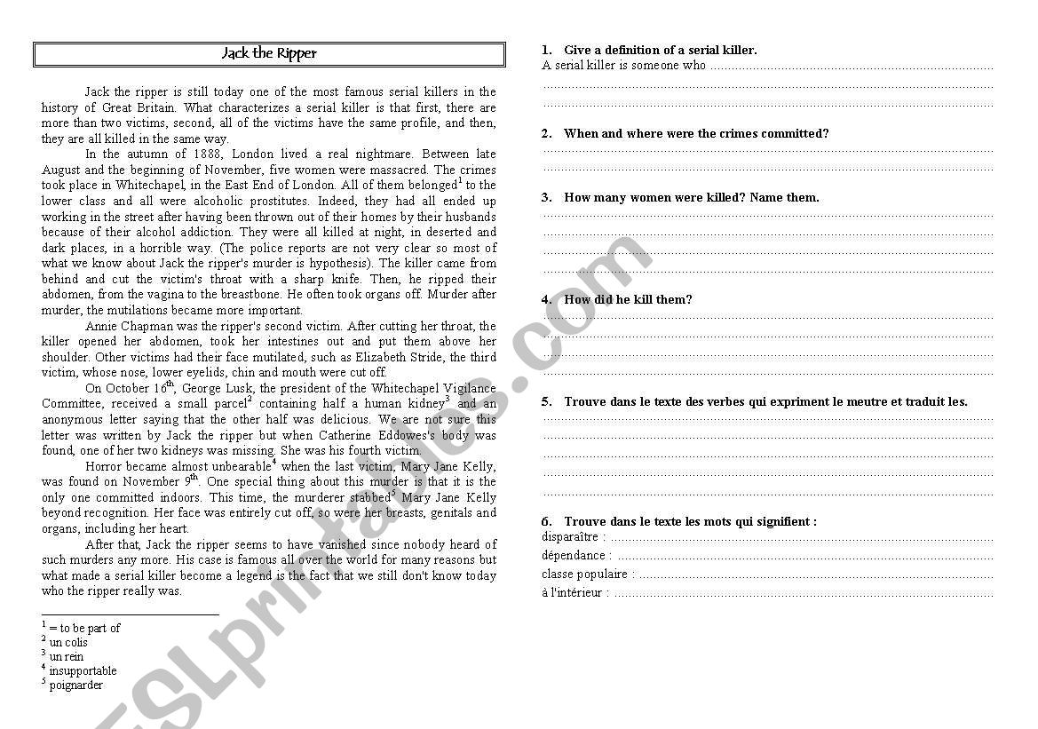 Jack the Ripper worksheet