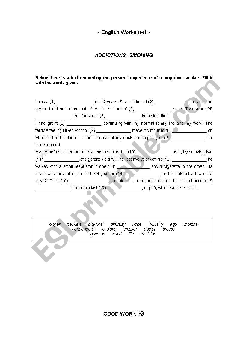 ADDICTIONS - SMOKING worksheet