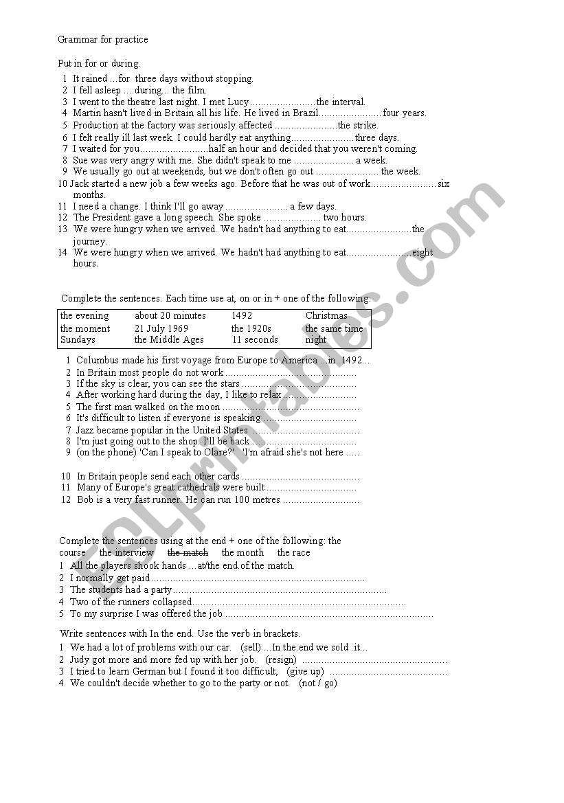 Function Words of Time worksheet