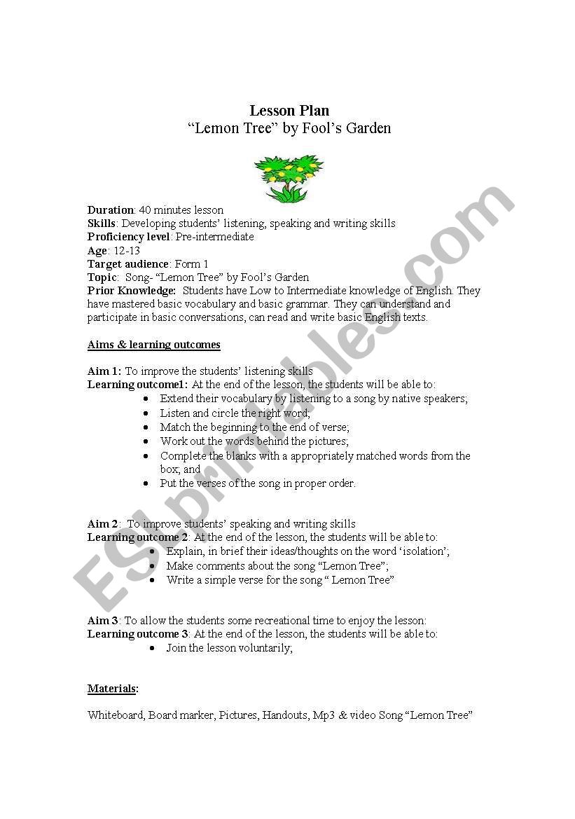 Lemon tree  worksheet