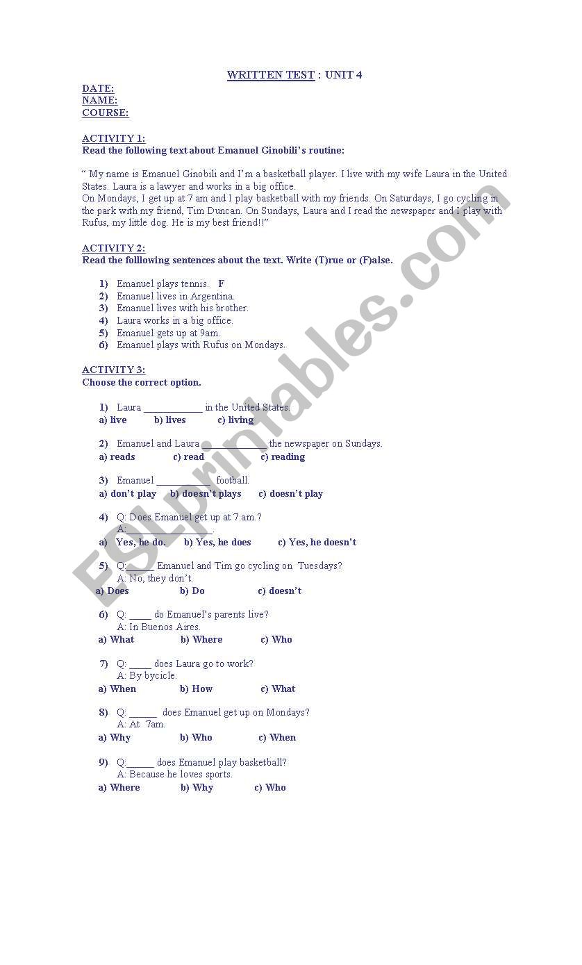 test worksheet