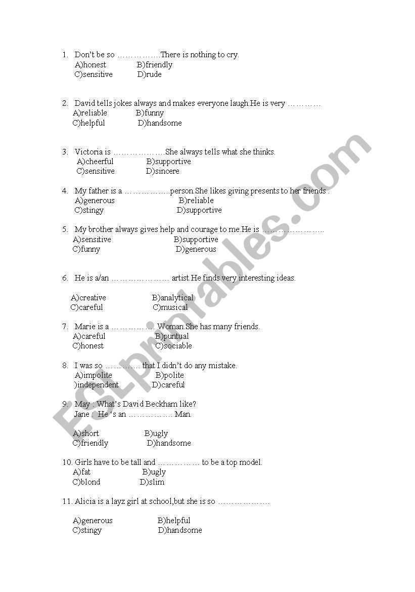 A test on Describing People  worksheet