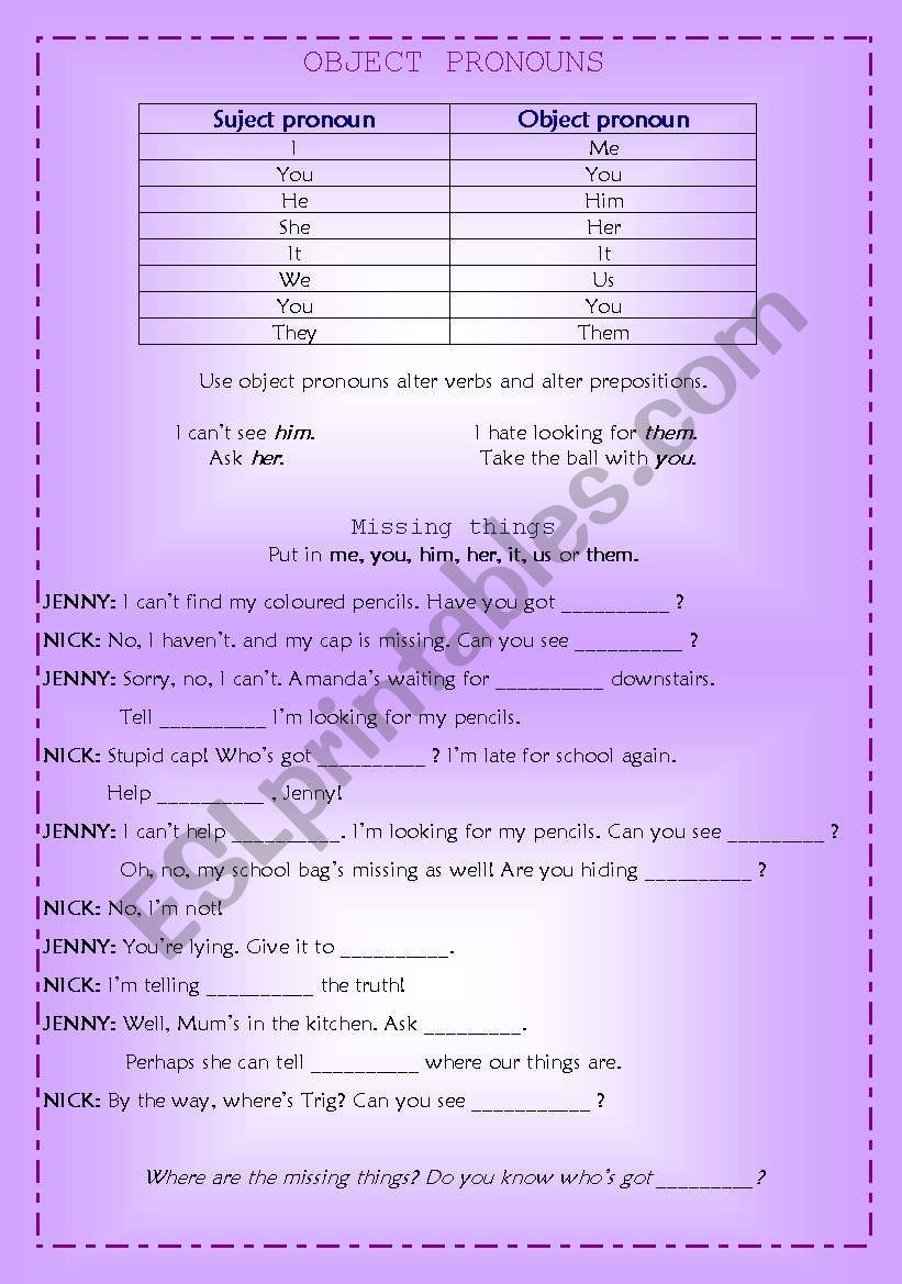 Object pronouns worksheet