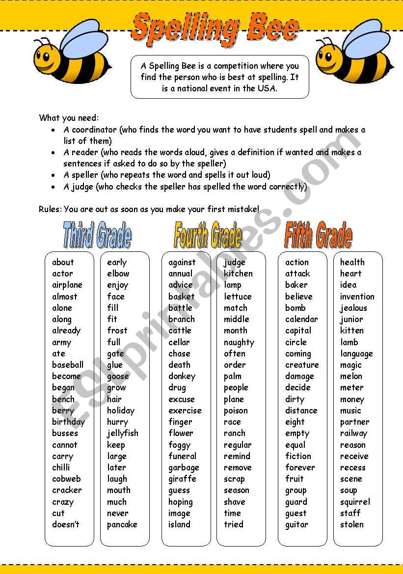 Spelling Bee Esl Worksheet By Mulle
