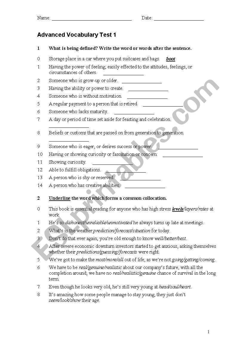 vocabulary test worksheet