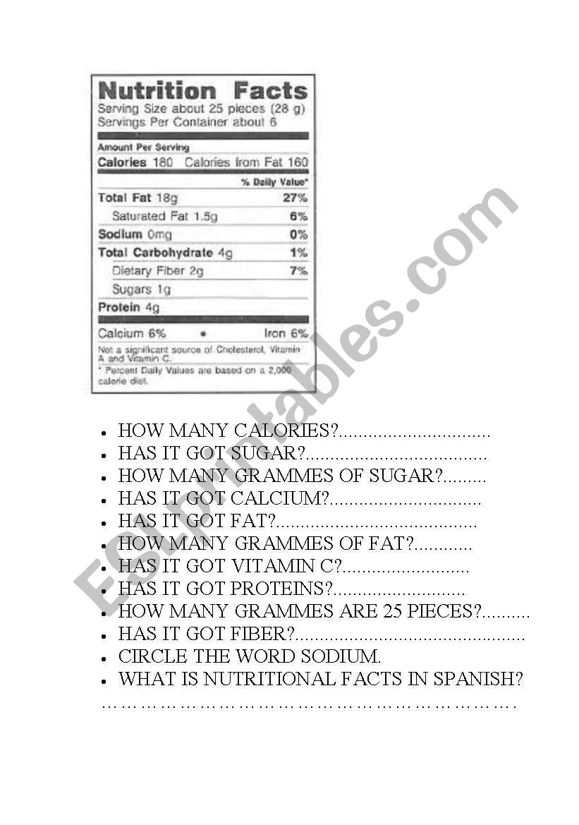 English worksheets how many calories?