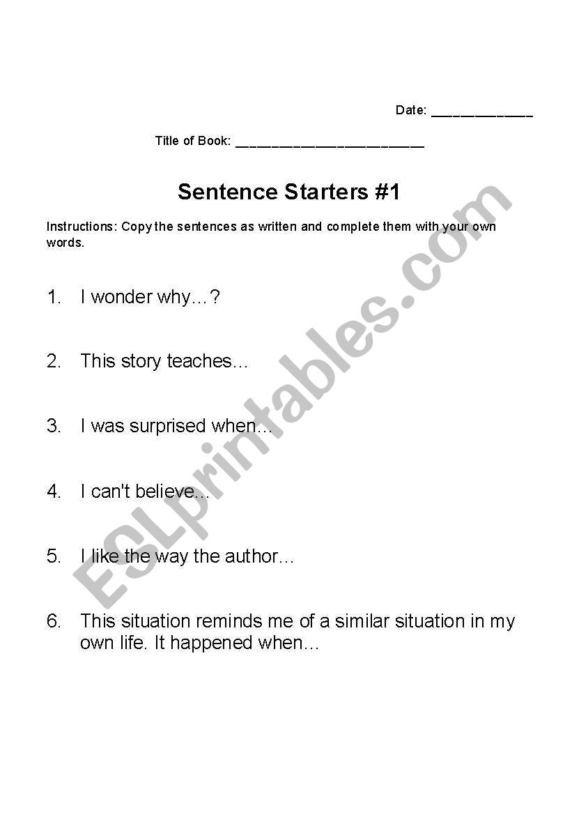 Sentence Starters For Reading Responses