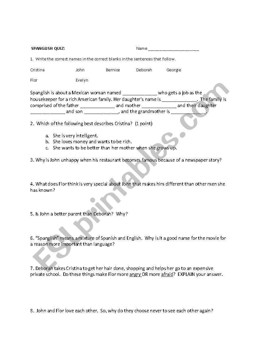 Spanglish Movie Quiz worksheet