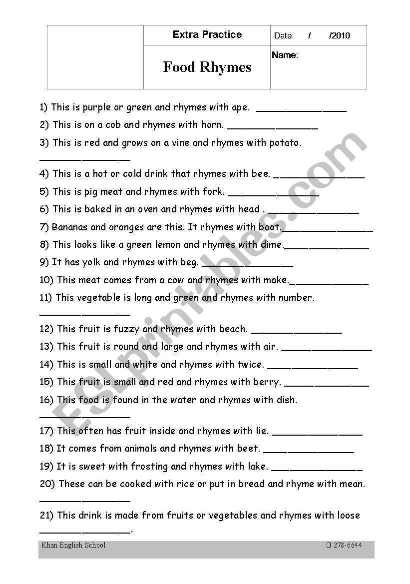 Food Rhymes worksheet