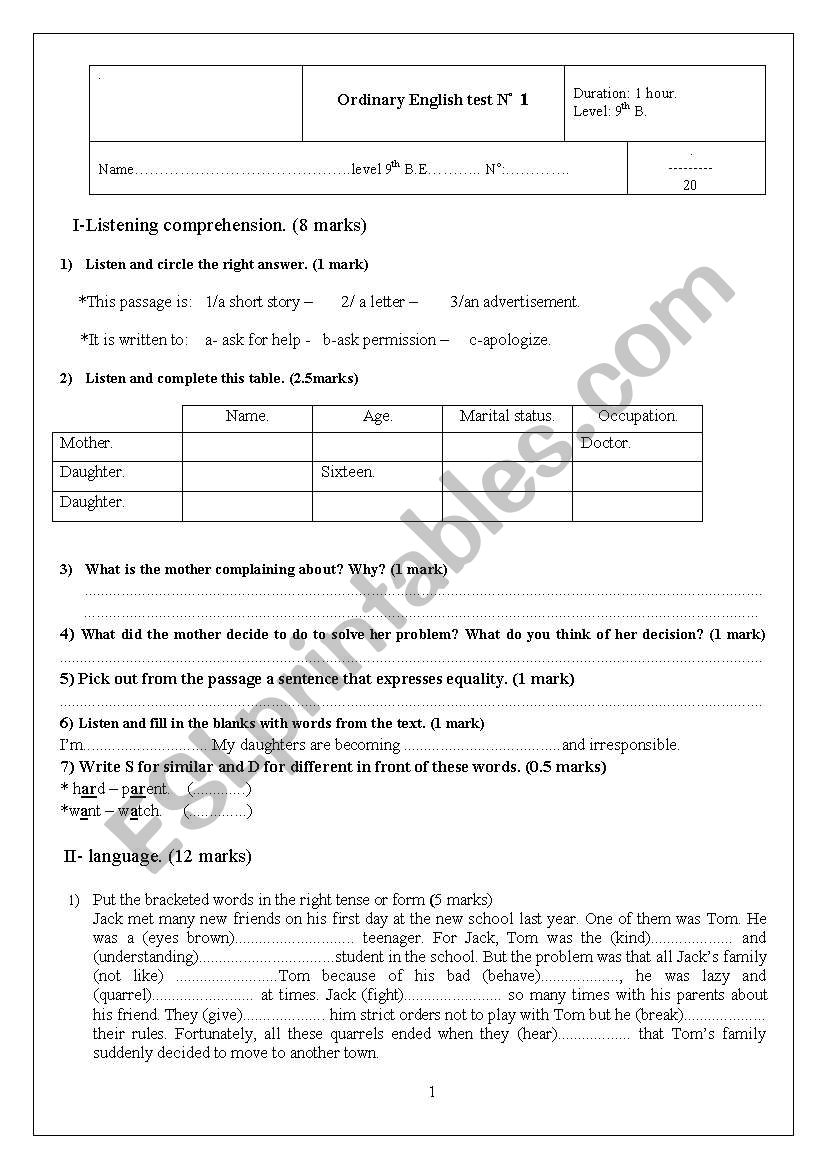 First midterm test for 9th form