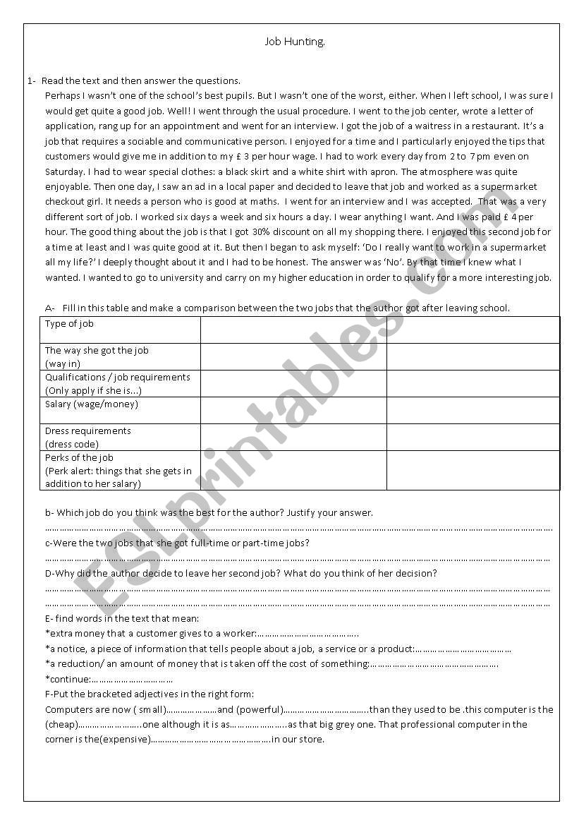 Job hunting worksheet